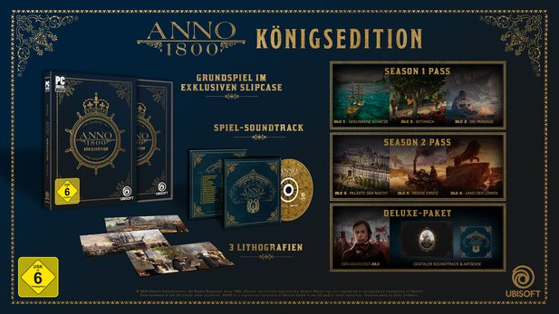 The boxed version of the Anno 1800: Königsedition comes with the soundtrack on CD and three lithography artworks.